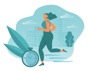 vector hand drawn illustration on the theme of running, morning run. young woman runs through the city. near her stopwatch. trend illustration in flat style