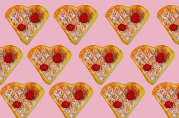 traditional belgian homemade waffles with fresh raspberries, sweet delicious dessert, breakfast idea, food for the Valentine's day holiday