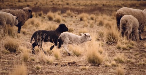 Sheep grazing in a dry grassland in Tupungato, Mendoza, Argentina.