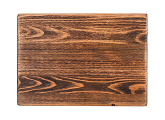 brown wooden textured cutting board made of wood material isolated on white background, design element and food table setting concept flat lay top view, copy space text