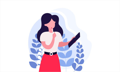 Thinking woman vector illustration. Cartoon people character design.