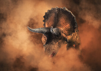 Triceratops ,dinosaur on smoke background