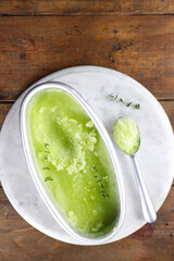 Homemade melon sorbet, honeydew ice cream.