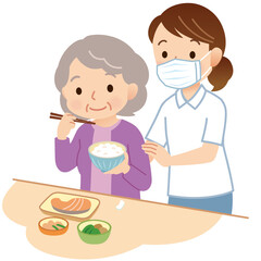 食事をする高齢者　食事介助　ヘルパー