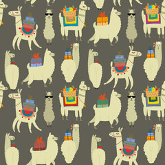 Cute alpaca character. Funny llamas family with luggage. Seamless pattern for your design