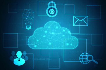 2d illustration of Cloud computing, Digital Cloud computing Concept background. Cyber technology, internet data storage, database and data server concept