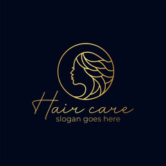 luxury line art beauty face with hair stylist, hairdresser, hair cut, long hair beauty logo for salon