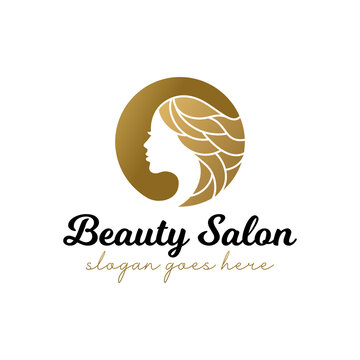 golden luxury beauty face with hair stylist, hairdresser, hair cut, long hair beauty logo for salon