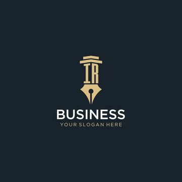 IR monogram initial logo with fountain pen and pillar style