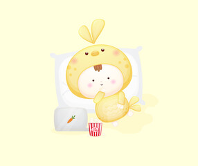 Cute baby in bird costume lying and watching movie. cartoon illustration Premium Vector