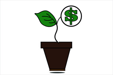 A pot with money flower with dollar. Money tree with dollar symbol isolated on white background.
