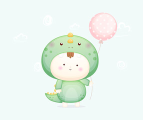 Cute baby in dinosaur costume holding balloon Premium Vector