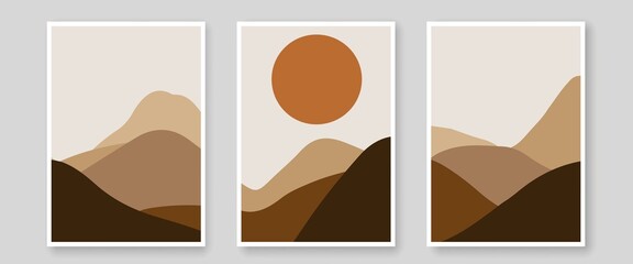 Aesthetic Mid Century Desert Landscape Contemporary Boho Poster Set. Abstract Mountain Landscape Cover Templates. Minimal Modern Trendy Illustration for Wall Art Print, Card, Wallpaper. Vector EPS 10