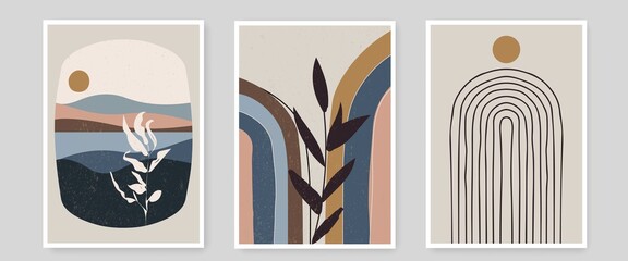 Set of Wall Art Poster Templates with Abstract Organic Shapes, Leaves, Rainbow. Wall Decor Composition in Boho Contemporary Minimal Style. Vector EPS 10