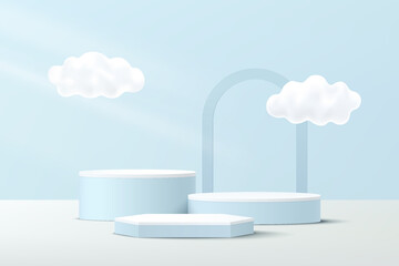 Abstract White, Blue 3D hexagonal and cylinder pedestal podium with cloud flying and arches backdrop. Pastel blue minimal scene for product display presentation. Vector geometric rendering platform.