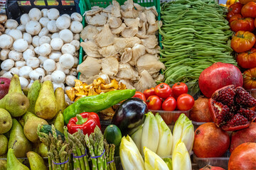 Vegetables and fruits for sale at a market