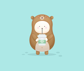 Cute baby in bear costume drinking coffee. Mascot cartoon illustration Premium Vector