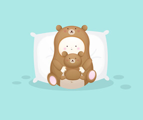 Cute baby in bear costume hugging teddy bear. Mascot cartoon illustration Premium Vector
