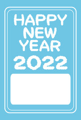 水色の背景にHappy New Yearの文字と白色の余白のある明るいシンプルな2022年の年賀状