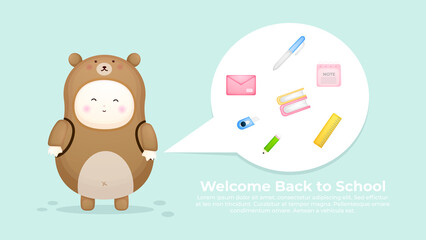 Cute baby in bear costume with welcome back to school text banner. Mascot cartoon illustration Premium Vector