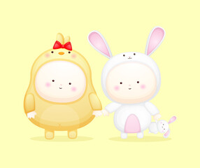 Cute baby in chicks and rabbit costume. Mascot cartoon illustration Premium Vector