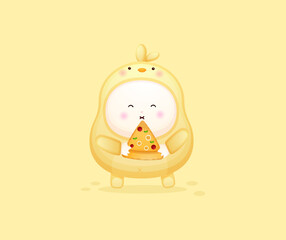 Cute baby in chicks costume holding pizza slice. Mascot cartoon illustration Premium Vector