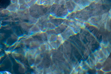 Shiny water of swimming pool on a sunny summer day. Close up of blue water surface texture with a sun light.