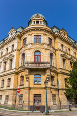 Historic yellow building in the center of Litomerice, Czech Republic