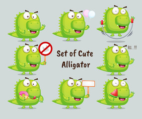 Set of cute alligator with different poses. Animal cartoon character Premium Vector