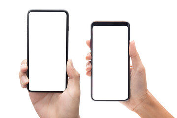 Man and Woman hands holding the black smartphone with blank screen isolated on white background with clipping path.