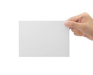 Hand holding blank paper isolated on white background with clipping path, Greeting card mockup.