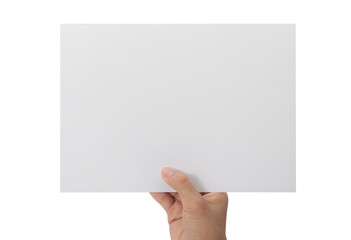 Fototapeta premium Hand holding blank paper isolated on white background with clipping path, Poster Mockup.