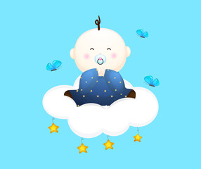 Cute baby boy sit down on cloud cartoon character. Baby concept illustration Premium Vector