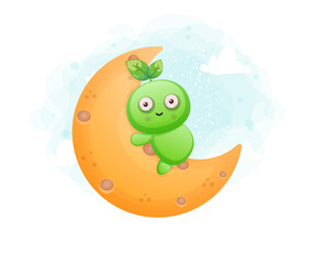 Cute seed character hugging a moon. Alien mascot character Premium Vector