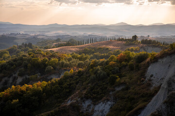 Beautiful idyllic sunny late summer landscape of Toscana with hills, trees, fields and forests. Evening or morning in Italy. Vacation, recreation mood. Agricultural fields of Tuscany 