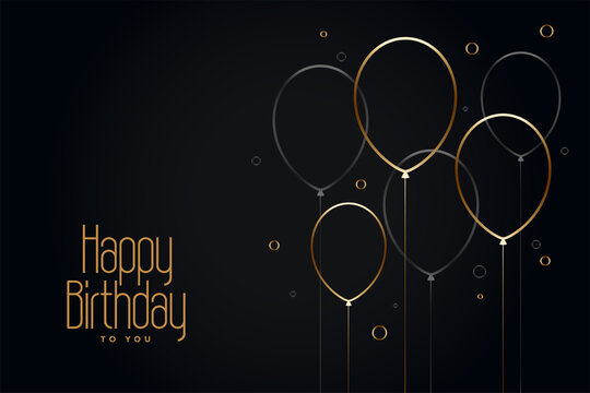 happy birthday black card with golden line balloons