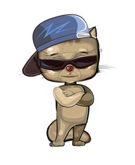 Cute Kitten in cool sunglasses and a baseball cap backwards. Good animal kid. Cartoon style. Illustration for children with baby character stand. Isolated over white background. Vector