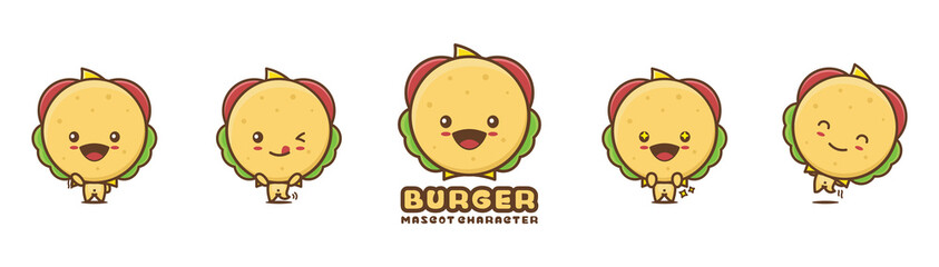 cute burger mascot, food cartoon illustration, with different facial expressions and poses