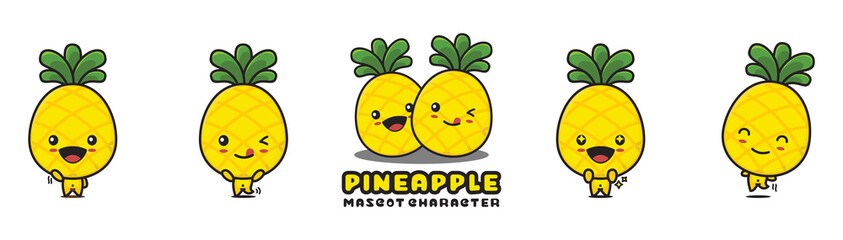 cute pineapple mascot, fruits cartoon illustration, with different facial expressions and poses