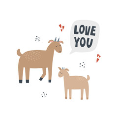 Goat and her kid. HAnd drawn vector illustration with lettering in cartoon style for kids design