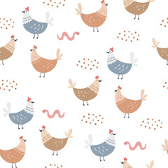 Seamless pattern with hens and worm. Hand drawn vector illustration for kids textile design