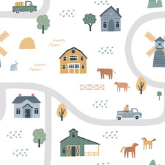 Seamless pattern with houses, roads and cars. Hand drawn vector illustration of a village or farm © MariaNechaeva