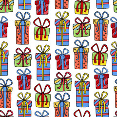 Seamless pattern with gift holiday boxes. New Year's pattern in the doodle style. Vector image