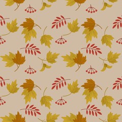 seamless pattern of yellow maple leaves and berries on a light background