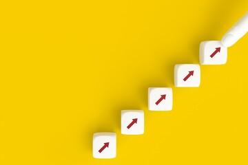 Business concept growth success process, Arranging cube stacking as step stair on yellow background, copy space. 3D rendering