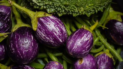 Egg plant and green vegetables, organic background.