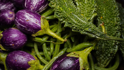 Egg plant and green vegetables, organic background.