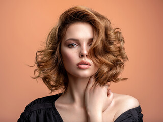 Beautiful brown haired with stylish short hairstyle. Woman with a  curly hair. Beautiful young...
