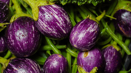 Egg plant and green vegetables, organic background.