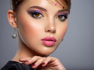 Portrait of a beautiful woman with bright makeup. Closeup female face with purple eye make-up. Pretty, sexy girl with violet nails near face. Stylish fashion model with a short slick hair